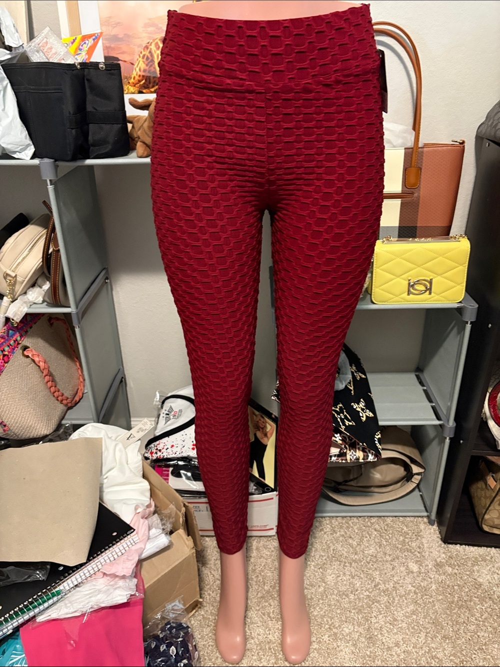 High-Waist Textured Leggings - Burgundy